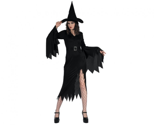 Strój damski Czarna Czarownica rozmiar S, czarna sukienka, spiczasty kapelusz, pasek, klasyczny kostium na Halloween, karnawał, wypożyczalnia Tychy, Godan, Zabawne Wydry