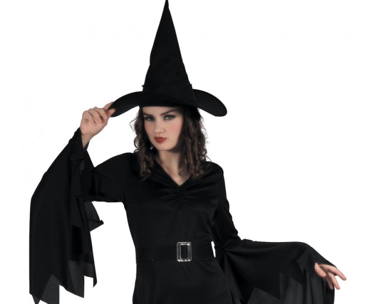 Strój damski Czarna Czarownica rozmiar S, czarna sukienka, spiczasty kapelusz, pasek, klasyczny kostium na Halloween, karnawał, wypożyczalnia Tychy, Godan, Zabawne Wydry