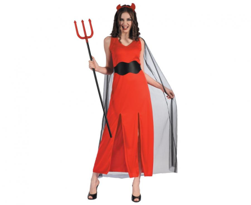 Strój damski Elegancka Diablica rozmiar S, czerwono-czarna sukienka z peleryną, opaska z rogami, pasek, kostium na Halloween, Karnawał, wypożyczalnia Tychy, Godan, Zabawne Wydry