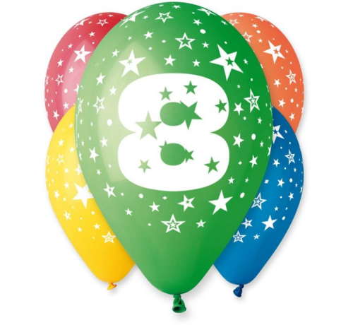 Balon lateksowy Gemar 12 cali Cyfra 8 pastelowy mix, 30 cm, balony z białymi gwiazdkami na sztuki, dekoracje na 8 urodziny, rocznicę, balony z helem Tychy, Zabawne Wydry