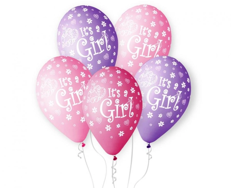 Balon lateksowy Gemar 12 cali It's a Girl, 30 cm, balony na Baby Shower, narodziny dziewczynki, chrzciny, różowe balony na sztuki, balony z helem Tychy, Zabawne Wydry