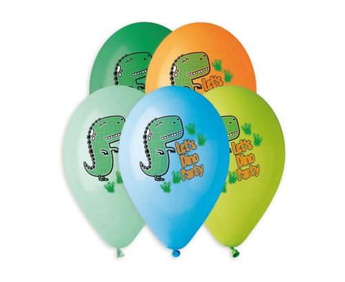 Różnokolorowe balony Let's Dino Party (13 cali, Gemar), wysyłane losowo, z motywem dinozaurów, idealne do helu na urodziny i imprezy tematyczne w Tychach.