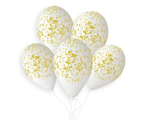 Eleganckie białe balony lateksowe ze złotym nadrukiem (13 cali, Gemar), idealne do helu na śluby, chrzciny i jubileusze, dostępne w Tychach.