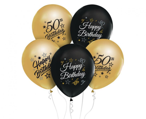 Eleganckie balony Godan Beauty&amp;Charm na 50. Urodziny (12 cali) z nadrukiem "Happy Birthday, 50 Birthday", idealne do helu na jubileusz w Tychach. złoto czarne