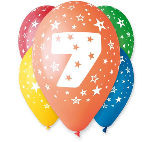 Pastelowe balony Gemar z cyfrą 7 (12 cali) z białymi gwiazdkami, w losowych kolorach (czerwony, niebieski, zielony, żółty, różowy), idealne do helu na 7. urodziny w Tychach.