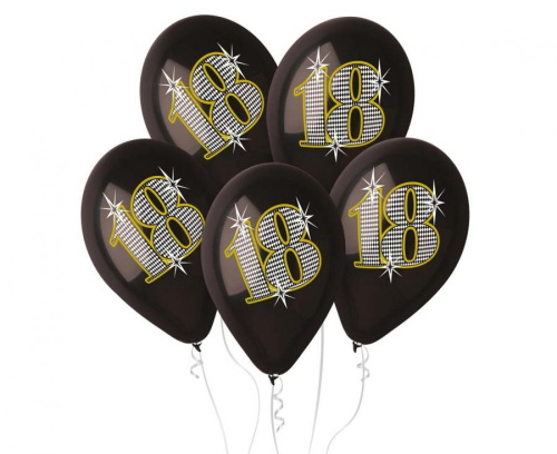 Eleganckie czarne balony lateksowe Gemar z liczbą 18 i złotym nadrukiem (12 cali), idealne do helu na Osiemnastkę i jubileusze w Tychach.