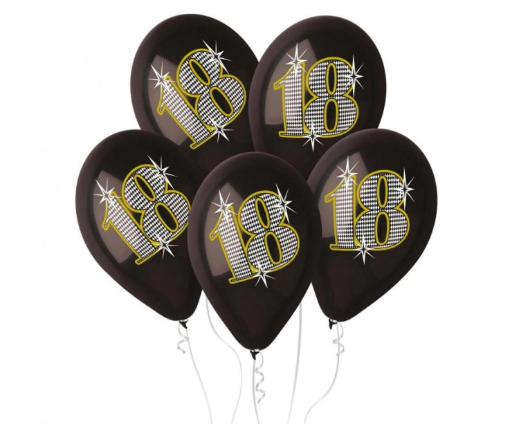 Eleganckie czarne balony lateksowe Gemar z liczbą 18 i złotym nadrukiem (12 cali), idealne do helu na Osiemnastkę i jubileusze w Tychach.