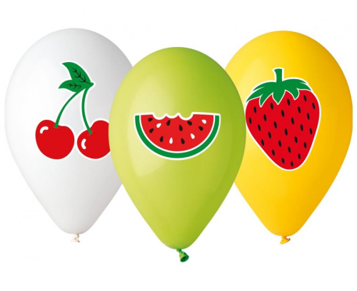 Soczyste balony lateksowe Gemar z nadrukiem owoców (wiśnia, truskawka, arbuz, 13 cali), różnokolorowe (wysyłane losowo), idealne do helu na letnie imprezy w Tychach.