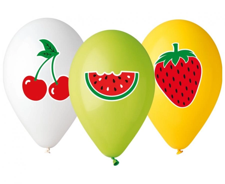 Soczyste balony lateksowe Gemar z nadrukiem owoców (wiśnia, truskawka, arbuz, 13 cali), różnokolorowe (wysyłane losowo), idealne do helu na letnie imprezy w Tychach.