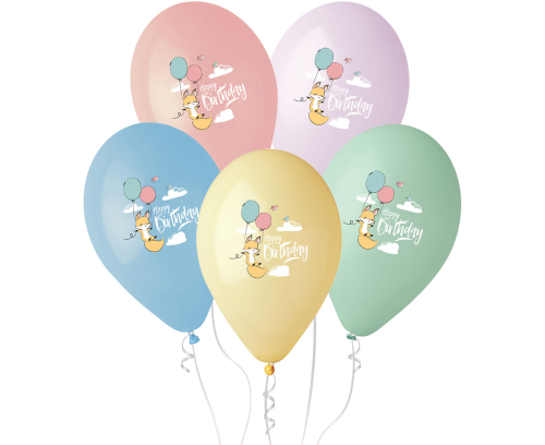 Różnokolorowe balony lateksowe Gemar z uroczym liskiem i napisem "Happy Birthday" (13 cali), wysyłane losowo, idealne do helu na urodziny dla dzieci w Tychach.