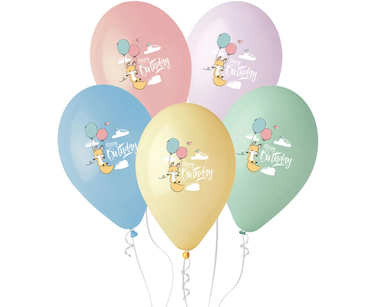 Różnokolorowe balony lateksowe Gemar z uroczym liskiem i napisem "Happy Birthday" (13 cali), wysyłane losowo, idealne do helu na urodziny dla dzieci w Tychach.