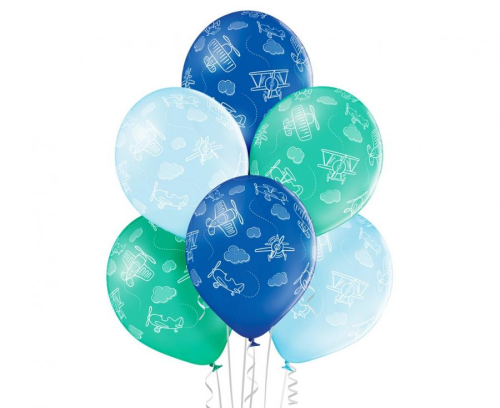 Pastelowe balony lateksowe Belbal z nadrukiem samolotów (12 cali), w mixie niebieskiego i zielonego (wysyłane losowo), idealne do helu na urodziny dla dzieci w Tychach.