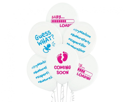 Białe balony lateksowe Belbal na Baby Shower z zabawnym nadrukiem "Baby Loading..." (12 cali), idealne do helu na powitanie maluszka w Tychach.
