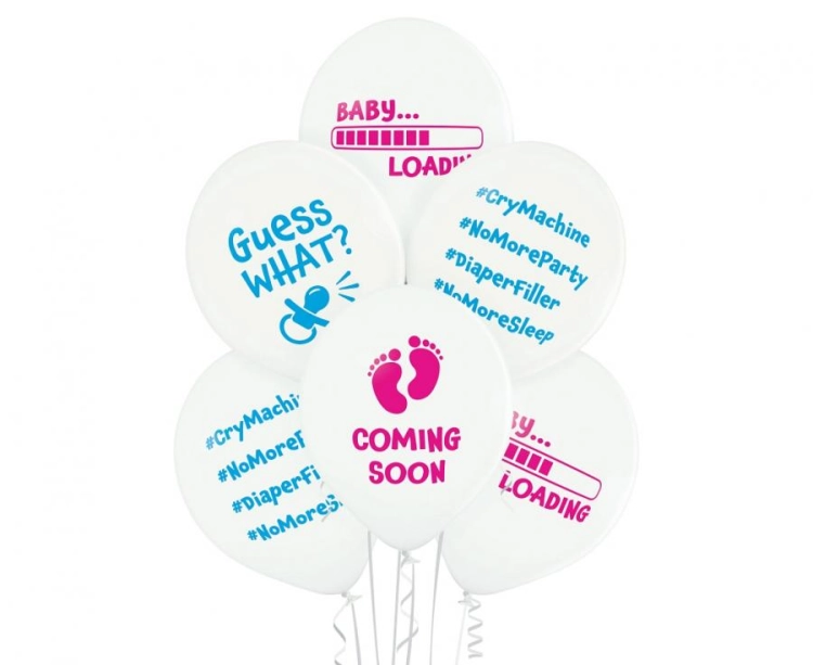 Białe balony lateksowe Belbal na Baby Shower z zabawnym nadrukiem "Baby Loading..." (12 cali), idealne do helu na powitanie maluszka w Tychach.