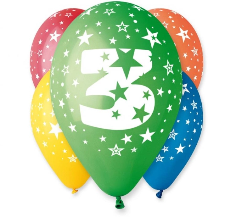 Pastelowe balony Gemar z cyfrą 3 (12 cali) z białymi gwiazdkami, w losowych kolorach (czerwony, zielony, żółty, różowy, niebieski), idealne do helu na 3. urodziny w Tychach.