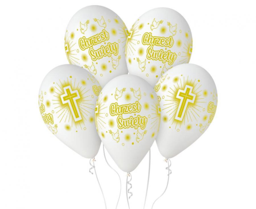 Propozycja: Eleganckie białe balony lateksowe Gemar na Chrzest Święty z lśniącym, złotym napisem (12 cali), idealne do helu na uroczystości Chrzcin w Tychach.