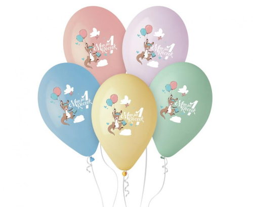 Różnokolorowe balony lateksowe Gemar na Roczek z uroczym kangurkiem i napisem "Mam już 1 roczek" (13 cali), wysyłane losowo, idealne do helu na 1. urodziny w Tychach.