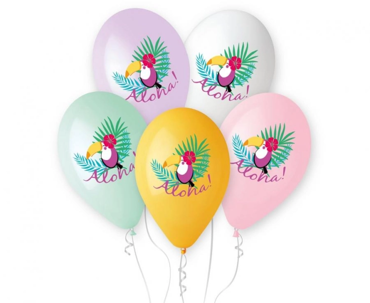 Różnokolorowe balony lateksowe Gemar z nadrukiem Tukan Aloha (13 cali), wysyłane losowo, idealne do helu na imprezy hawajskie i tropikalne w Tychach.