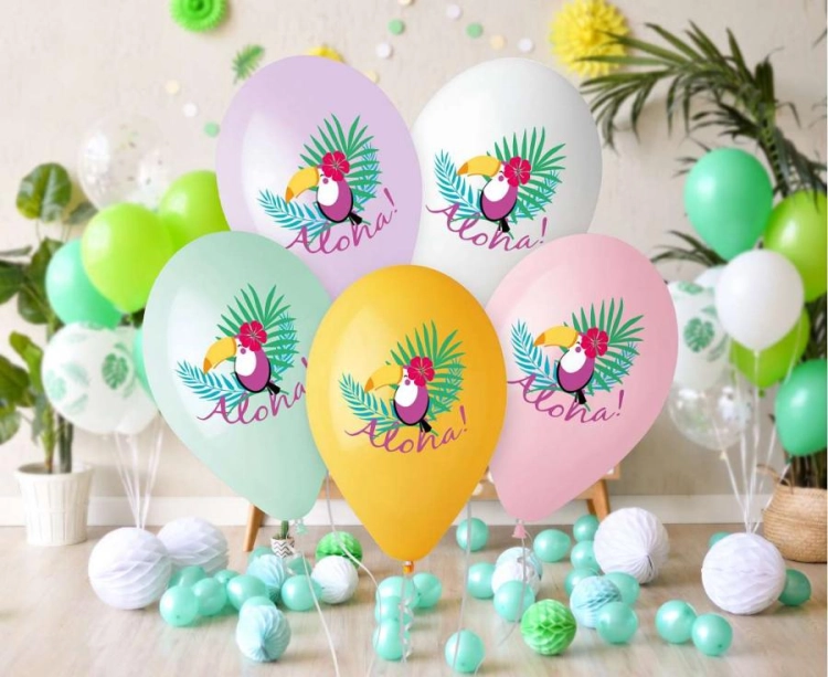 Różnokolorowe balony lateksowe Gemar z nadrukiem Tukan Aloha (13 cali), wysyłane losowo, idealne do helu na imprezy hawajskie i tropikalne w Tychach.