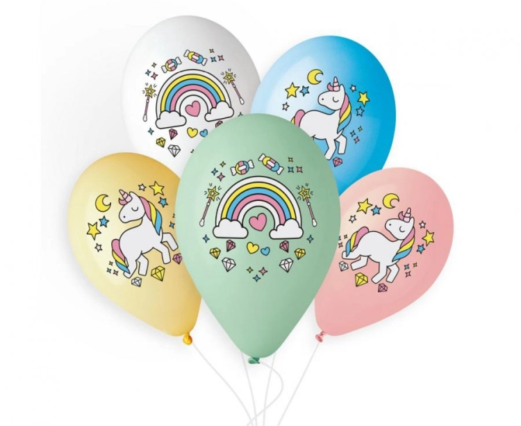 Różnokolorowe balony lateksowe Gemar z magicznym nadrukiem Jednorożca i Tęczy (13 cali), wysyłane losowo, idealne do helu na urodziny i bajkowe przyjęcia dla dzieci w Tychach.