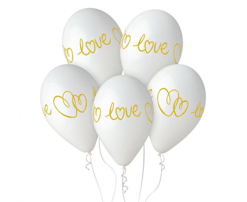 Eleganckie białe balony lateksowe Gemar z lśniącym, złotym napisem "LOVE" (13 cali), idealne do helu na ślub, zaręczyny i Walentynki w Tychach