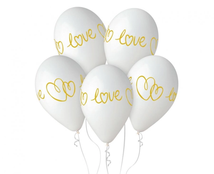 Eleganckie białe balony lateksowe Gemar z lśniącym, złotym napisem "LOVE" (13 cali), idealne do helu na ślub, zaręczyny i Walentynki w Tychach