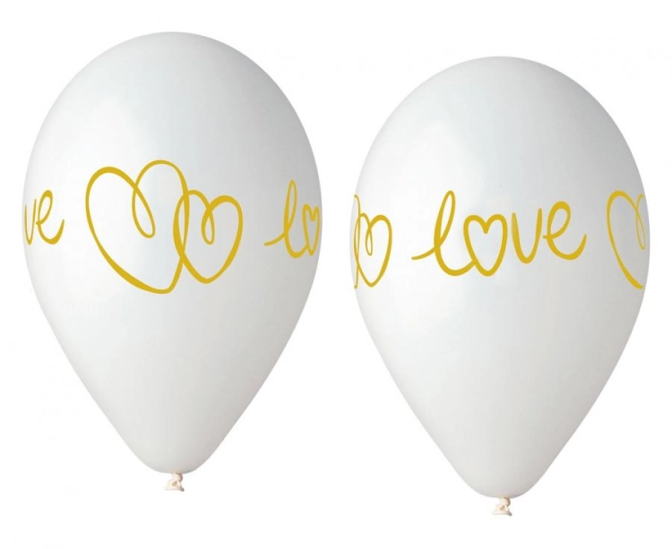 Eleganckie białe balony lateksowe Gemar z lśniącym, złotym napisem "LOVE" (13 cali), idealne do helu na ślub, zaręczyny i Walentynki w Tychach