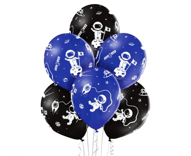 Kosmiczne balony lateksowe Belbal Astronauta (12 cali) w mixie czarnych i granatowych kolorów, z nadrukiem, idealne do helu na urodziny o tematyce kosmosu w Tychach.