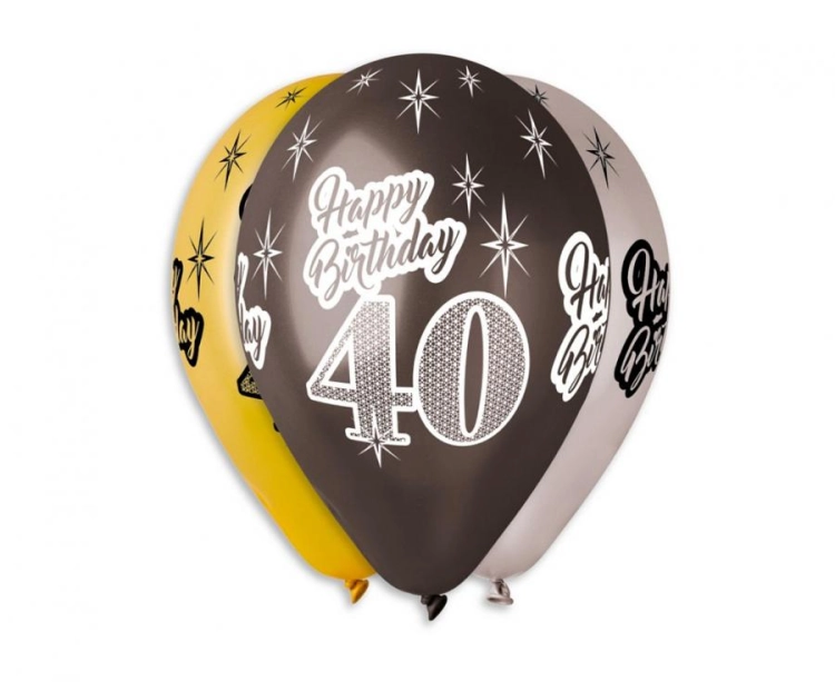Eleganckie metaliczne balony lateksowe Gemar "40 HAPPY BIRTHDAY" (12 cali) w mixie złotego, srebrnego i czarnego koloru, idealne do helu na 40. urodziny w Tychach.