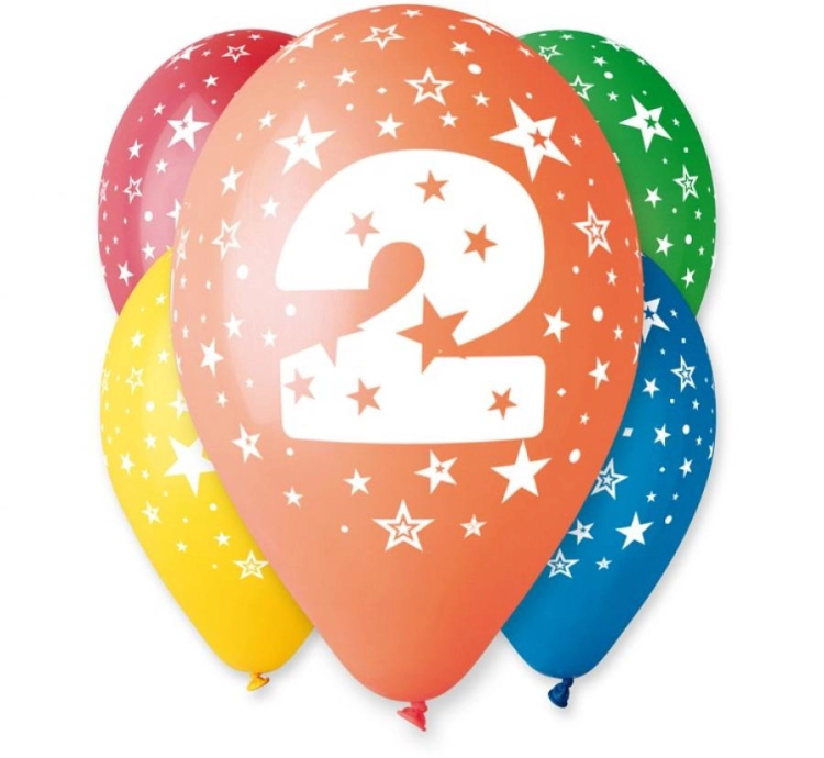 Wielokolorowe pastelowe balony lateksowe Gemar z nadrukiem cyfry "2" i białych gwiazdek (12 cali), wysyłane losowo, idealne do helu na drugie urodziny dziecka w Tychach.