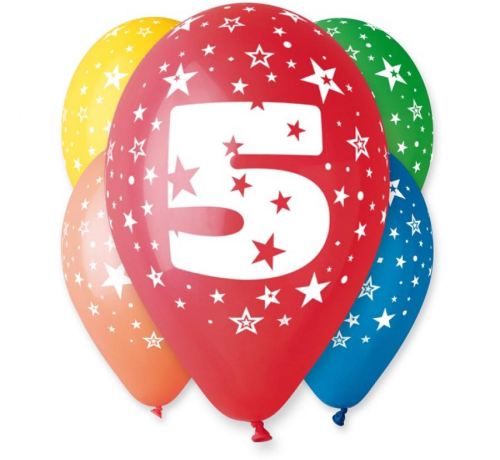Wielokolorowe pastelowe balony lateksowe Gemar z nadrukiem cyfry "5" i białych gwiazdek (12 cali), wysyłane losowo, idealne do helu na piąte urodziny dziecka w Tychach.