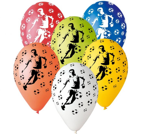 Różnokolorowe balony lateksowe Gemar z białym nadrukiem piłkarzy (12 cali), wysyłane losowo, idealne do helu na urodziny fanów piłki nożnej i imprezy sportowe w Tychach.