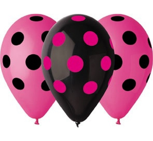 Stylowe balony lateksowe Gemar "HEN NIGHT - Grochy" (12 cali) w mixie: różowy z czarnymi grochami i czarny z różowymi, idealne do helu na wieczór panieński w Tychach.