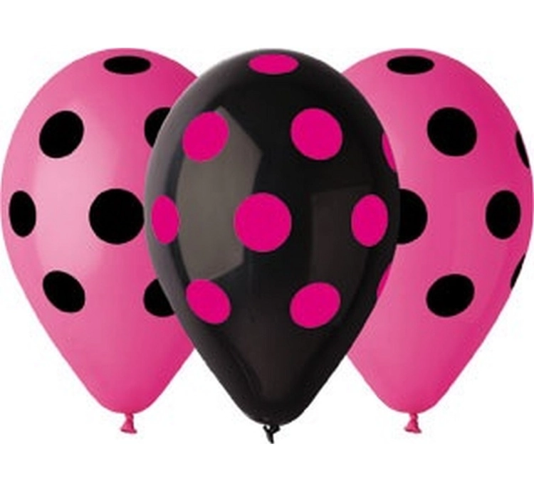 Stylowe balony lateksowe Gemar "HEN NIGHT - Grochy" (12 cali) w mixie: różowy z czarnymi grochami i czarny z różowymi, idealne do helu na wieczór panieński w Tychach.