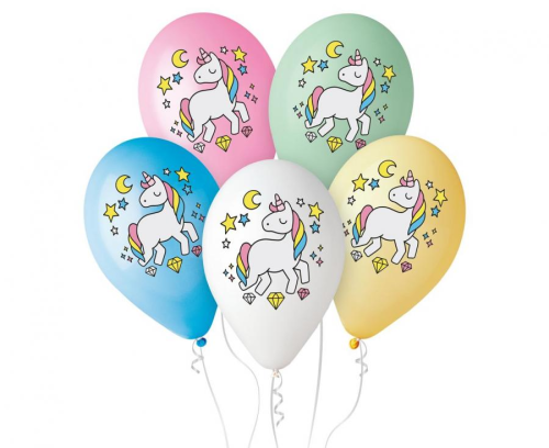 Różnokolorowe balony lateksowe Gemar z nadrukiem Jednorożca "Magiczna Noc" (12 cali) w mixie: żółty, biały, zielony, różowy, niebieski, idealne do helu na urodziny dziecka w Tychach.