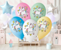 Różnokolorowe balony lateksowe Gemar z nadrukiem Jednorożca "Magiczna Noc" (12 cali) w mixie: żółty, biały, zielony, różowy, niebieski, idealne do helu na urodziny dziecka w Tychach.