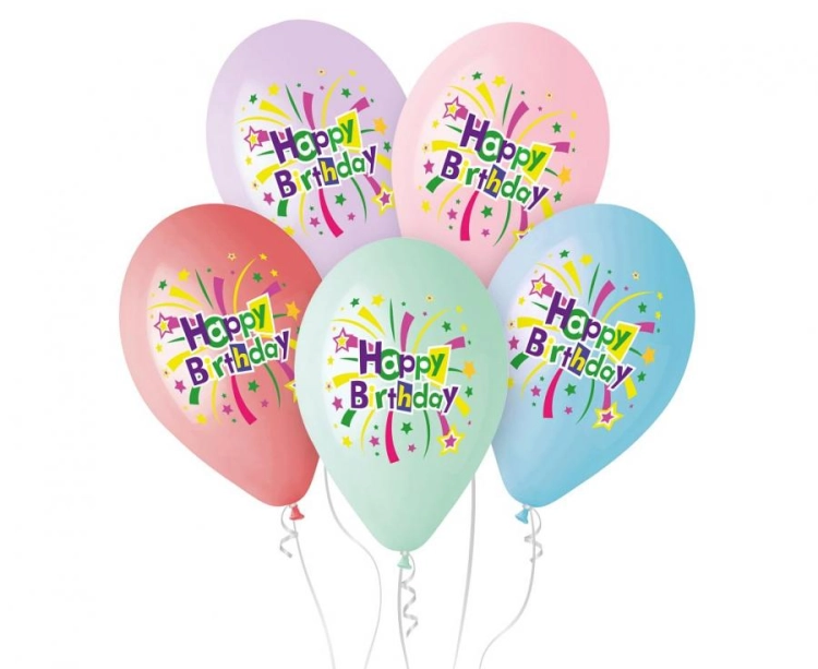 Różnokolorowe balony lateksowe Gemar z wielobarwnym nadrukiem "HAPPY BIRTHDAY" i fajerwerkami (13 cali), idealne do helu na huczne urodziny w Tychach.