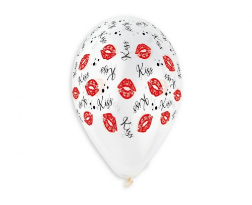 Białe balony lateksowe Gemar "KISS KISS" (13 cali) z czerwonym nadrukiem szminki i czarnym napisem, idealne do helu na Walentynki i wieczór panieński w Tychach.