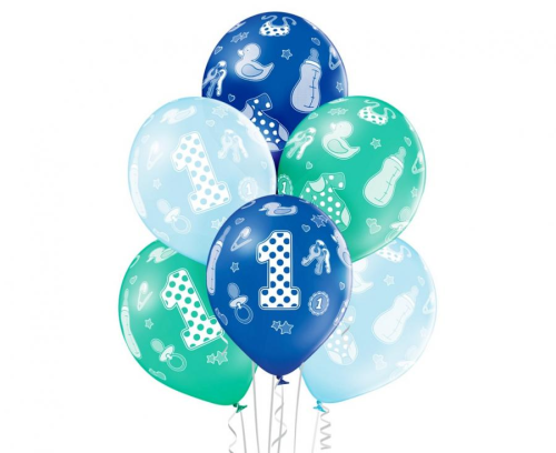Balony lateksowe Belbal "Cyfra 1" 1st Birthday Boy (12 cali) w mixie zielonych i niebieskich kolorów, idealne do helu na pierwsze urodziny chłopca w Tychach.
