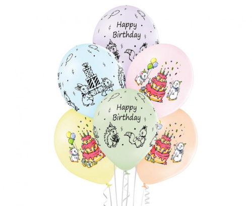 Wielokolorowe balony lateksowe Belbal "CUTE BIRTHDAY" (12 cali) z nadrukiem myszek, jeża, wiewiórki i tortu, idealne do helu na urodziny dziecka w Tychach.