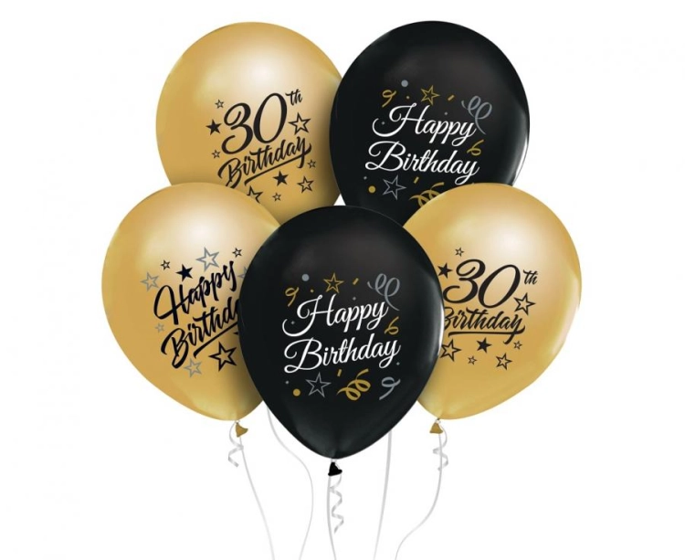 Eleganckie balony lateksowe Godan "30 Urodziny" (12 cali) z kolekcji Beauty&amp;Charm w mixie złotych i czarnych, z nadrukiem Happy Birthday, idealne do helu na jubileusz w Tychach.