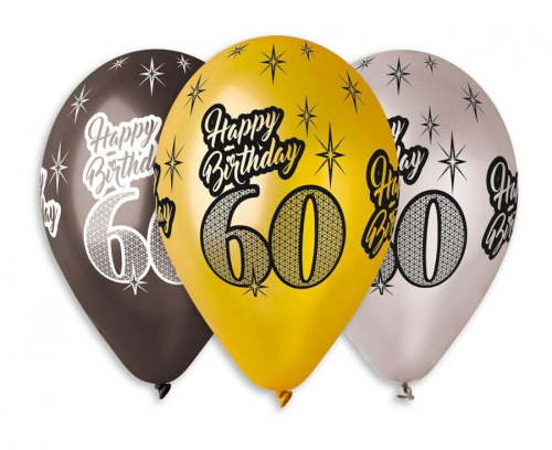 Eleganckie balony lateksowe Gemar "60 Urodziny" (12 cali) w mixie złotych, srebrnych i czarnych, z nadrukiem Happy Birthday 60, idealne do helu na jubileusz w Tychach.