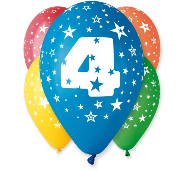 Pastelowe balony lateksowe Gemar "Cyfra 4" (12 cali) w mixie: czerwony, niebieski, zielony, żółty, różowy, z białymi gwiazdkami, idealne do helu na 4. urodziny dziecka w Tychach.