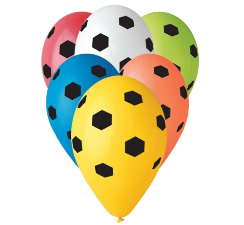 Kolorowe balony lateksowe Gemar "PIŁKA NOŻNA" (12 cali) w mixie: zielony, czerwony, żółty, niebieski, biały, z czarnym nadrukiem piłki, idealne do helu na urodziny kibica w Tychach.