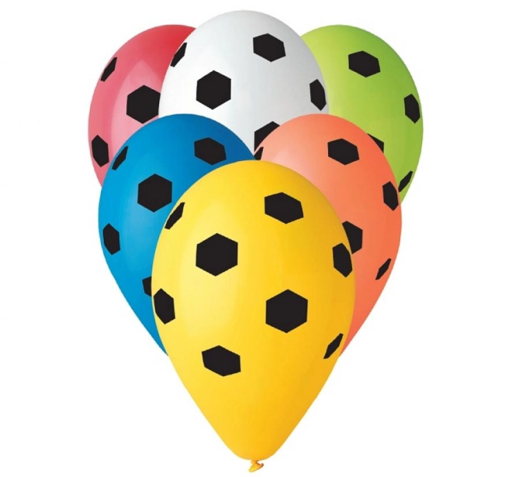 Kolorowe balony lateksowe Gemar "PIŁKA NOŻNA" (12 cali) w mixie: zielony, czerwony, żółty, niebieski, biały, z czarnym nadrukiem piłki, idealne do helu na urodziny kibica w Tychach.