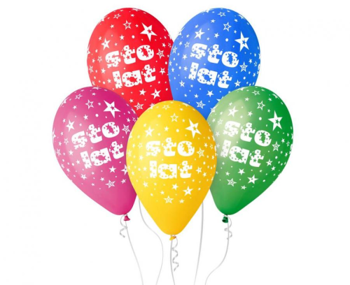 Kolorowe balony lateksowe Gemar z nadrukiem "STO LAT" (12 cali) w mixie: czerwony, różowy, niebieski, zielony, żółty, idealne do helu na urodziny i imieniny w Tychach.