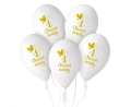 Białe balony lateksowe Gemar na Chrzest Święty (13 cali) ze złotym nadrukiem "Chrzest Święty" i świecą, idealne do helu na chrzciny w Tychach.