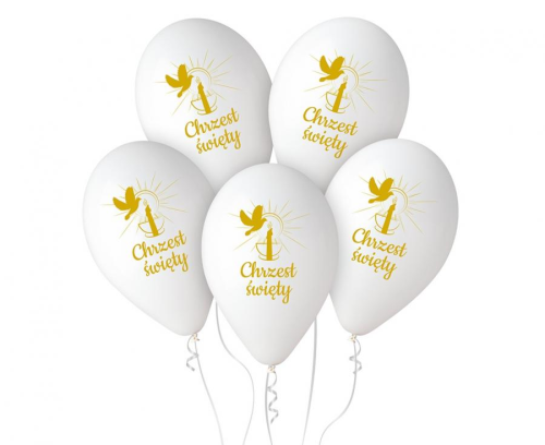 Białe balony lateksowe Gemar na Chrzest Święty (13 cali) ze złotym nadrukiem "Chrzest Święty" i świecą, idealne do helu na chrzciny w Tychach.