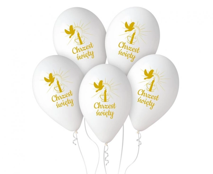 Białe balony lateksowe Gemar na Chrzest Święty (13 cali) ze złotym nadrukiem "Chrzest Święty" i świecą, idealne do helu na chrzciny w Tychach.