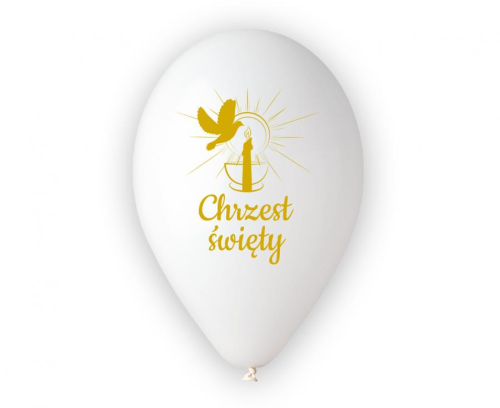 Białe balony lateksowe Gemar na Chrzest Święty (13 cali) ze złotym nadrukiem "Chrzest Święty" i świecą, idealne do helu na chrzciny w Tychach.